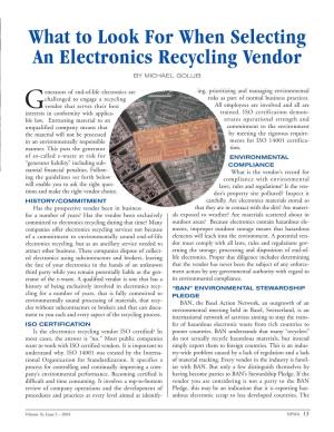 What to Look for When Selecting an Electronics Recycling Vendor by MICHAEL GOLUB