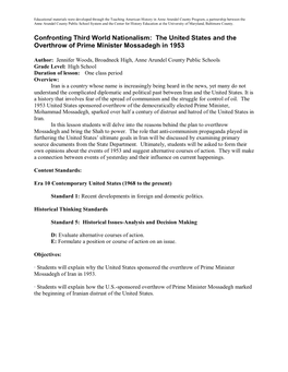 Confronting Third World Nationalism: the United States and the Overthrow of Prime Minister Mossadegh in 1953