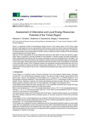 Assessment of Alternative and Local Energy Resources Potential of the Tomsk Region , Chemical Engineering Transactions, 70, 997-1002 DOI:10.3303/CET1870167 998