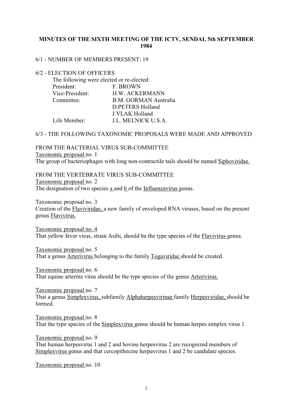 MINUTES of the SIXTH MEETING of the ICTV, SENDAI, 5Th SEPTEMBER 1984