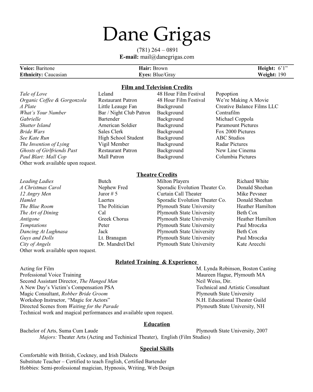 Theater and Film Credits