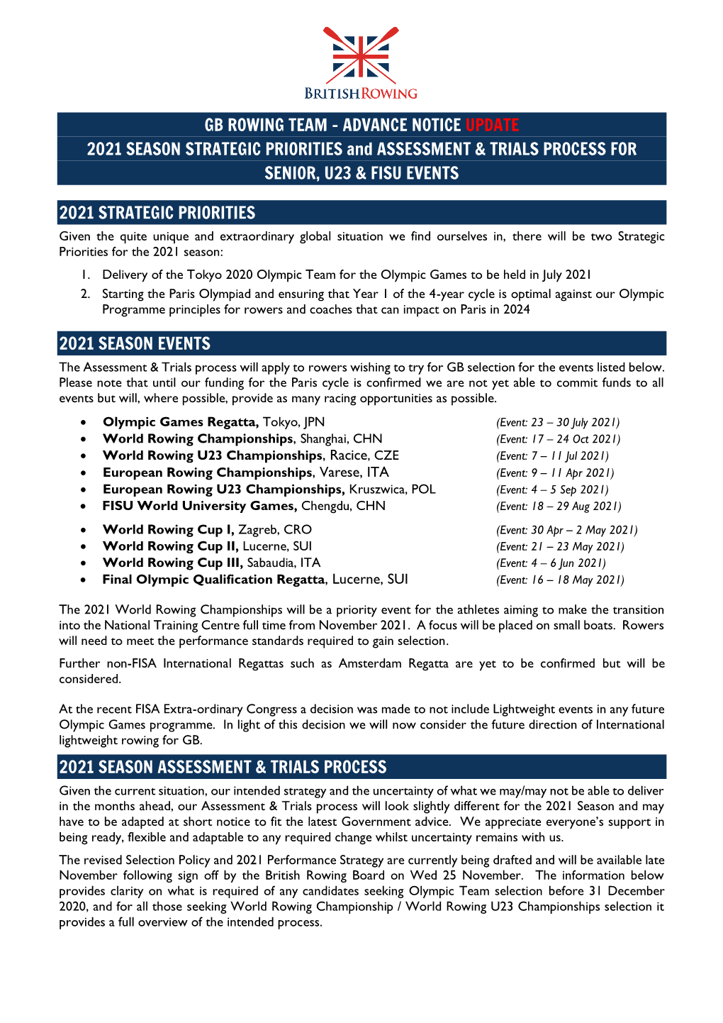 2021 Season Assessments & Trials Process for Senior, U23 & FISU