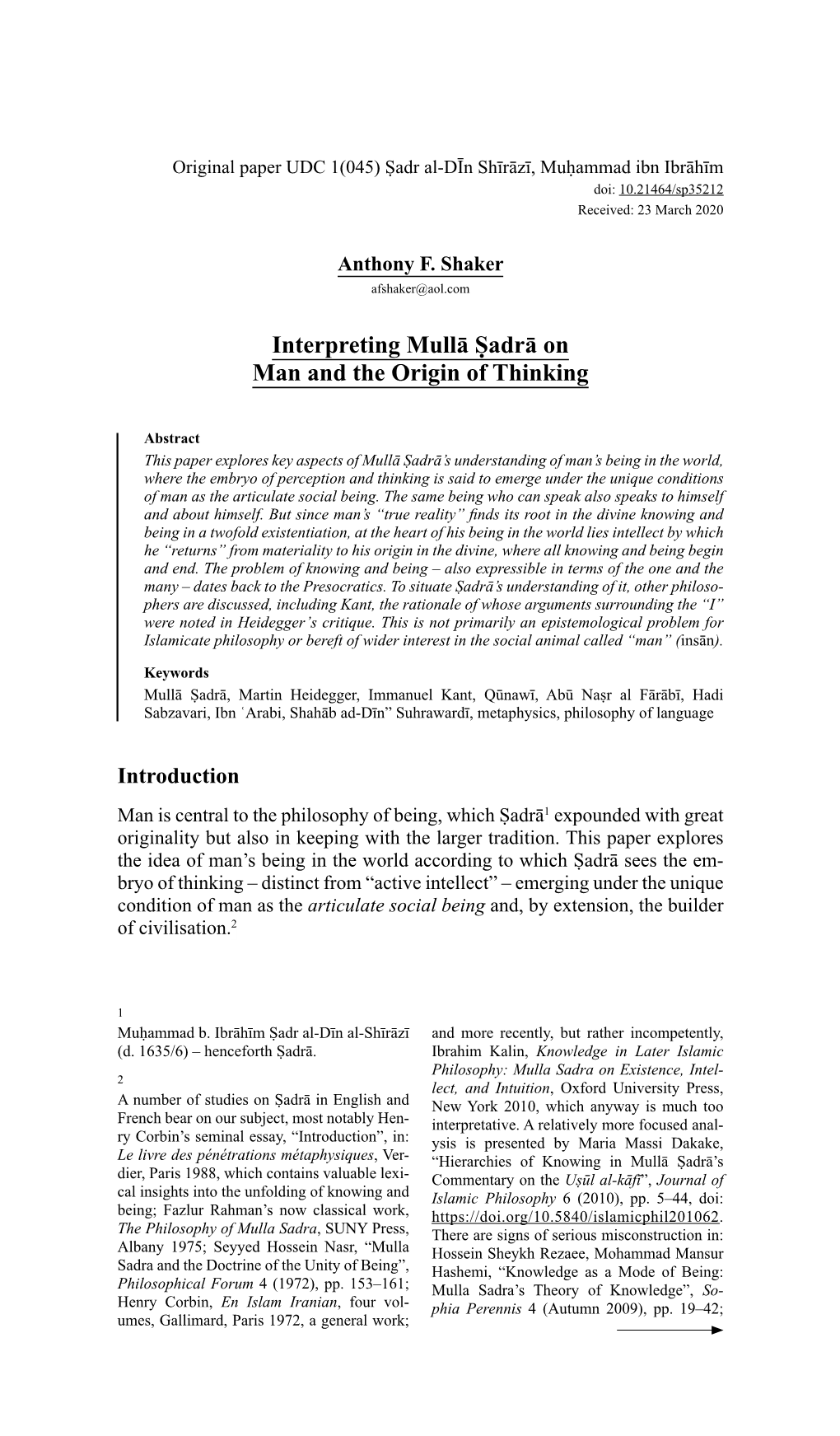 Interpreting Mullā Ṣadrā on Man and the Origin of Thinking