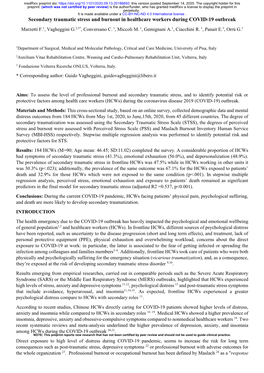 Secondary Traumatic Stress and Burnout in Healthcare Workers During COVID-19 Outbreak Marzetti F.1, Vagheggini G.2,3*, Conversano C