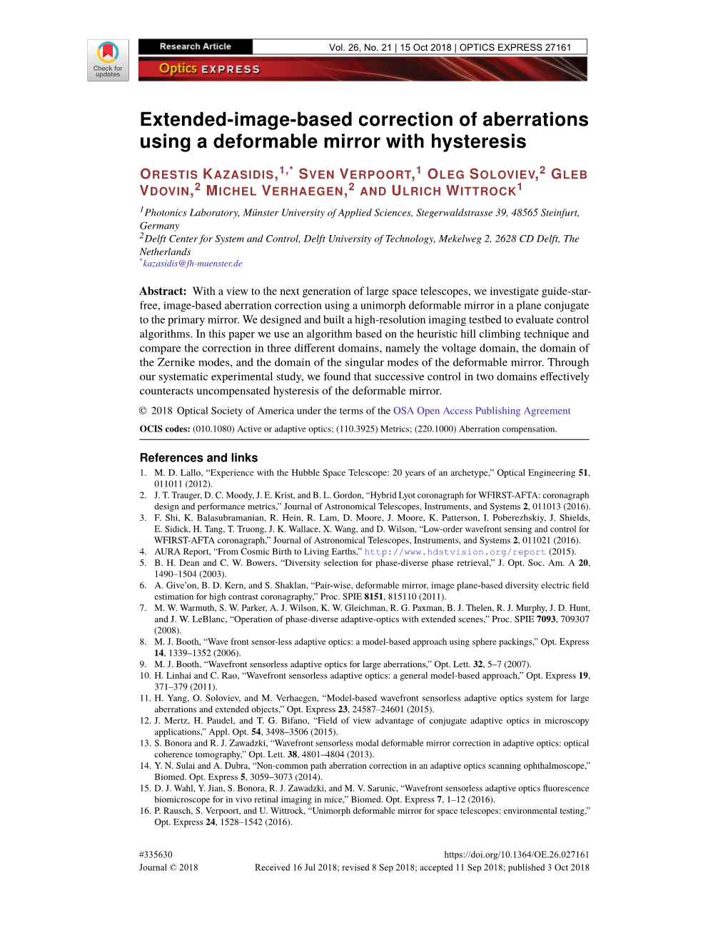 Extended-Image-Based Correction of Aberrations Using a Deformable Mirror with Hysteresis