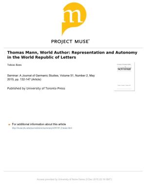 Thomas Mann, World Author: Representation and Autonomy in the World Republic of Letters