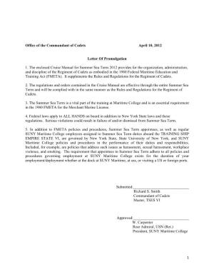 1 Office of the Commandant of Cadets April 10, 2012 Letter Of