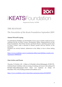 THE KEATSIAN the Newsletter of the Keats Foundation September 2019