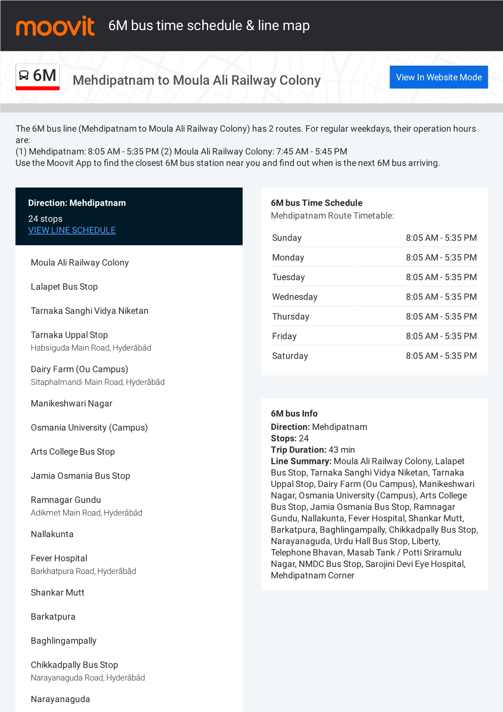 6M Bus Time Schedule & Line Route