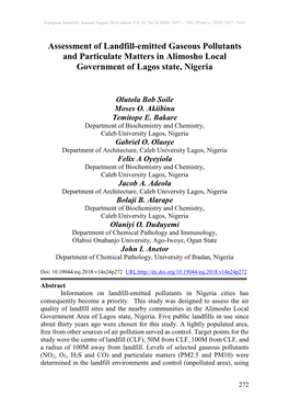Assessment of Landfill-Emitted Gaseous Pollutants and Particulate Matters in Alimosho Local Government of Lagos State, Nigeria