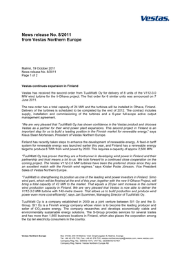 News Release No. 8/2011 from Vestas Northern Europe