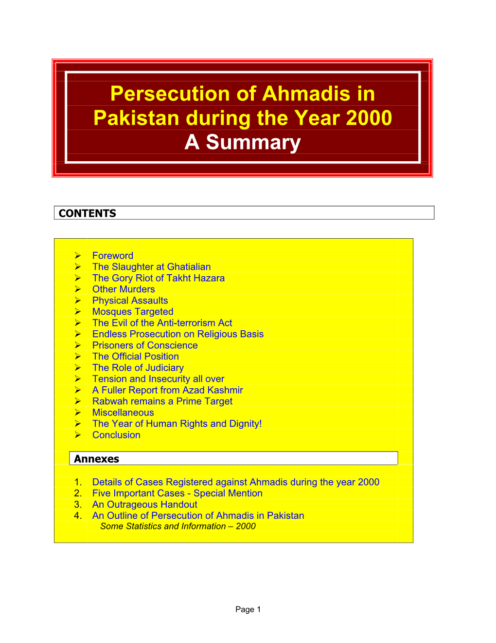 Persecution of Ahmadis in Pakista During the Year 2000