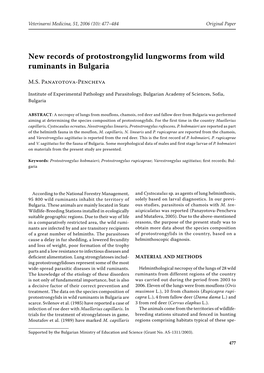 New Records of Protostrongylid Lungworms from Wild Ruminants in Bulgaria