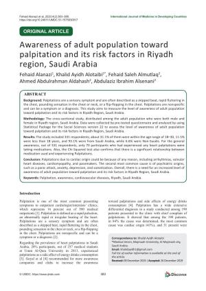 Awareness of Adult Population Toward Palpitation and Its Risk Factors In