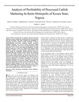 Analysis of Profitability of Processed Catfish Marketing in Ilorin Metropolis of Kwara State, Nigeria