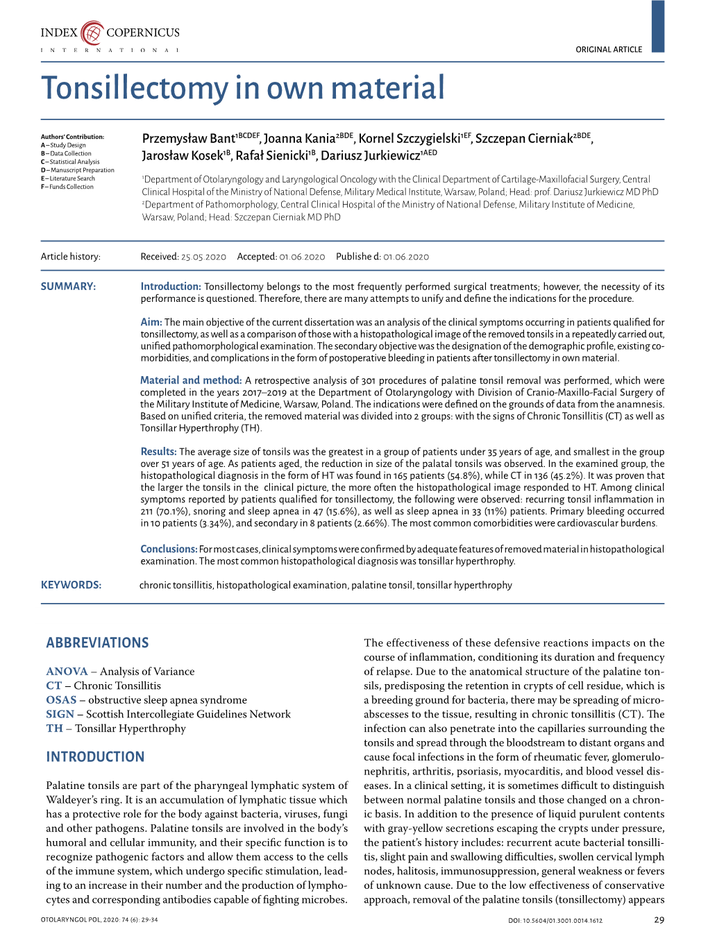 Tonsillectomy in Own Material