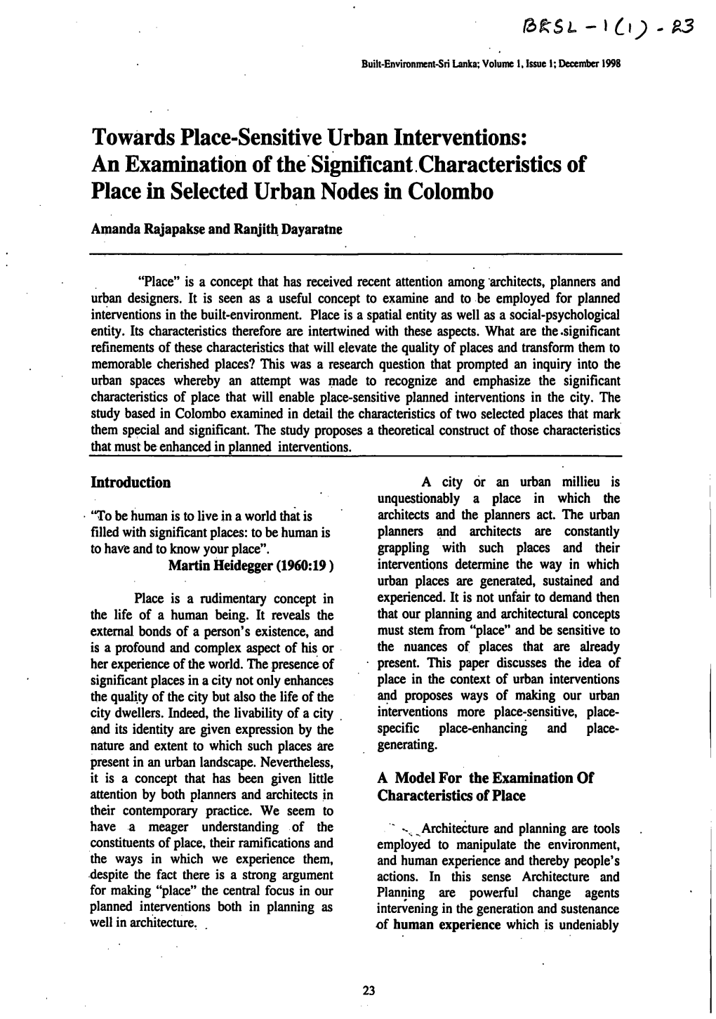 Towards Place-Sensitive Urban Interventions: an Examination of the Significant Characteristics of Place in Selected Urban Nodes in Colombo