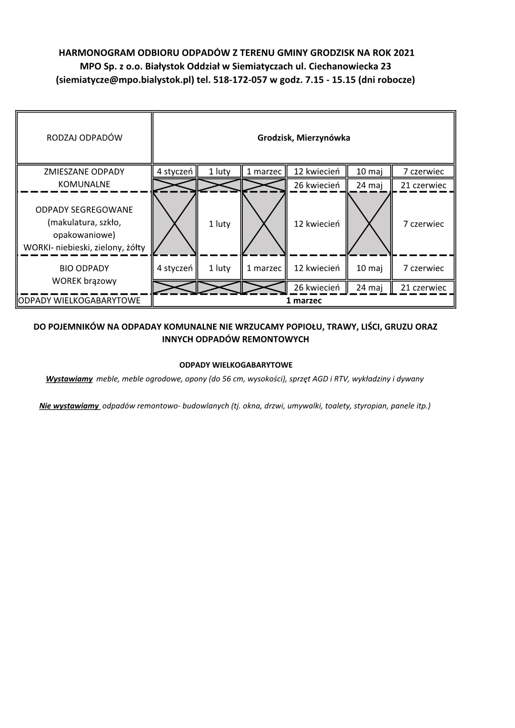 HARMONOGRAM ODBIORU ODPADÓW Z TERENU GMINY GRODZISK NA ROK 2021 MPO Sp
