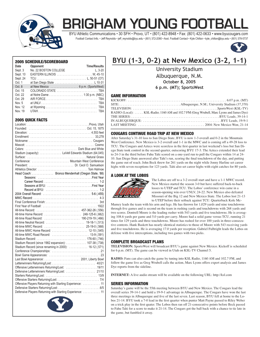 BRIGHAM YOUNG FOOTBALL BYU Athletic Communications • 30 SFH • Provo, UT • (801) 422-8948 • Fax: (801) 422-0633 • Football Contact Info