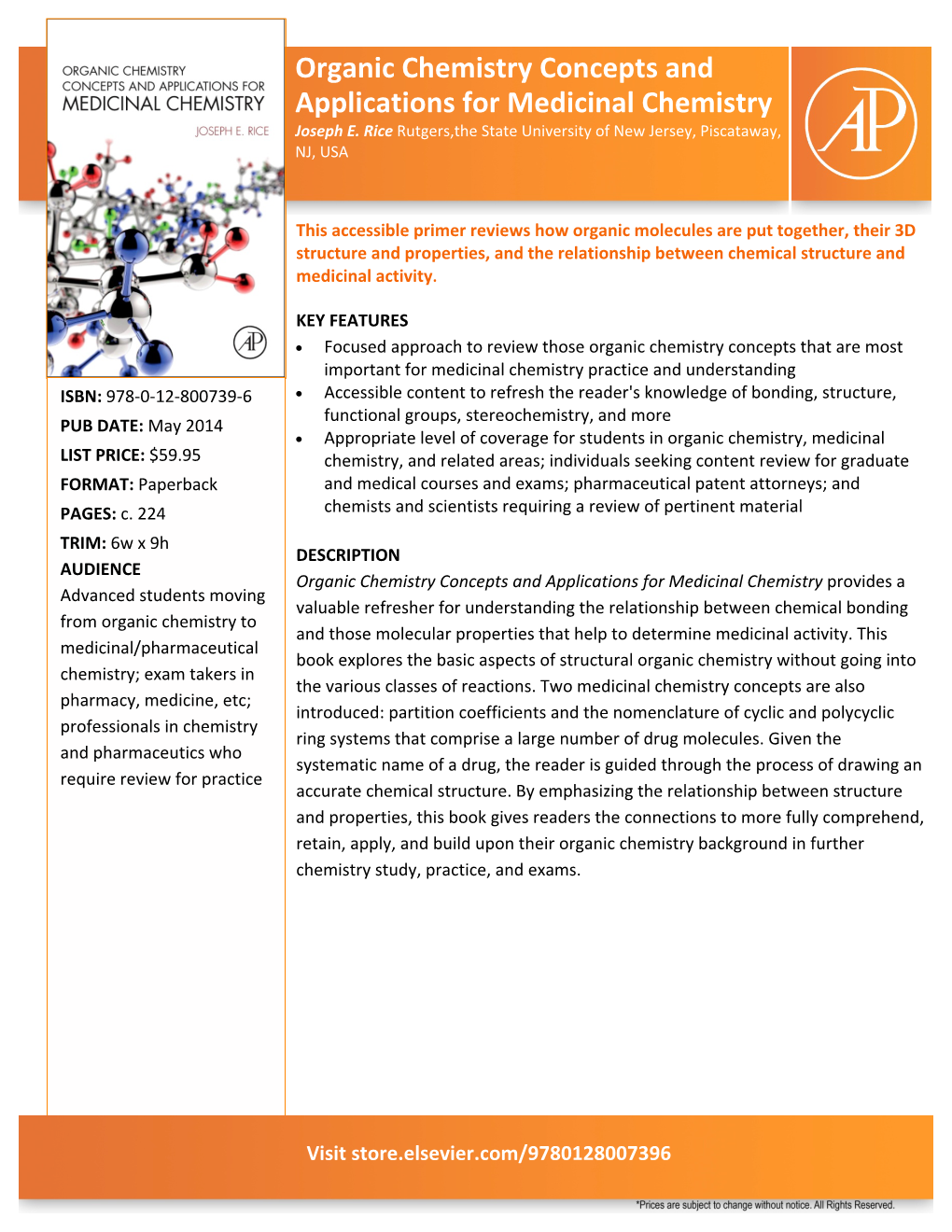 Organic Chemistry Concepts and Applications for Medicinal Chemistry Joseph E