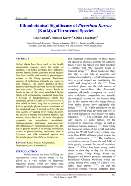 Ethnobotanical Significance of Picrorhiza Kurroa (Kutki), a Threatened Species