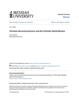 Christian Reconstructionism and the Christian World Mission