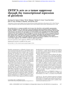 ZBTB7A Acts As a Tumor Suppressor Through the Transcriptional Repression of Glycolysis