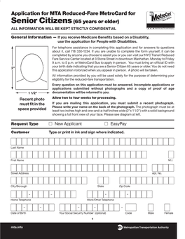 Application for MTA Reduced-Fare Metrocard Forsenior Citizens(65 Years Or Older)