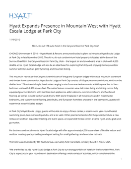 Hyatt Expands Presence in Mountain West with Hyatt Escala Lodge at Park City