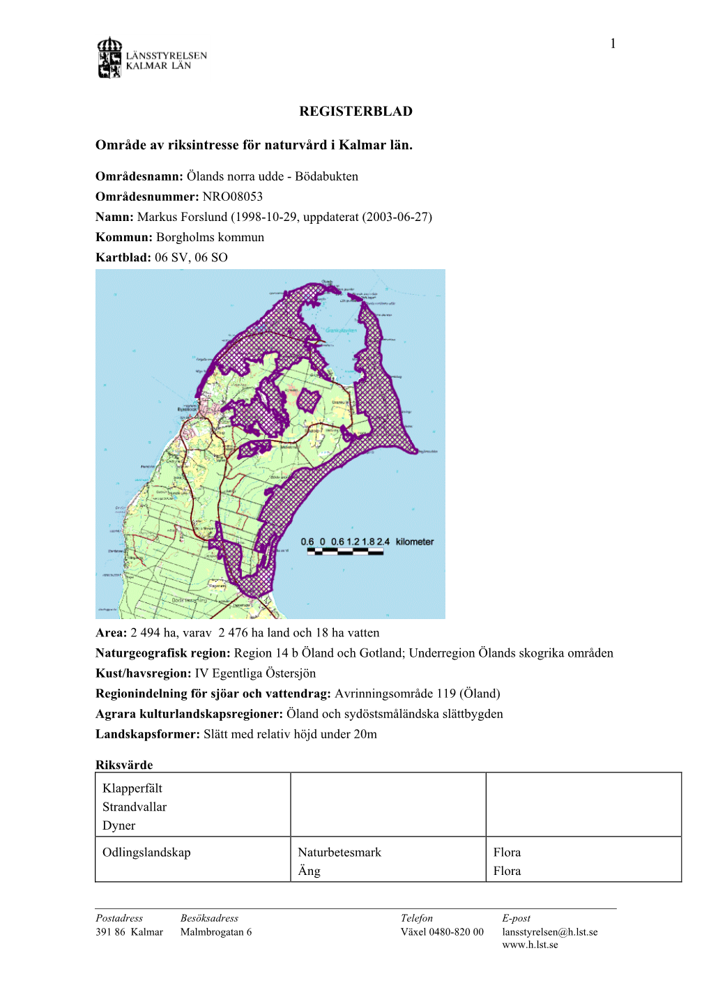 1 REGISTERBLAD Område Av Riksintresse För Naturvård I Kalmar Län