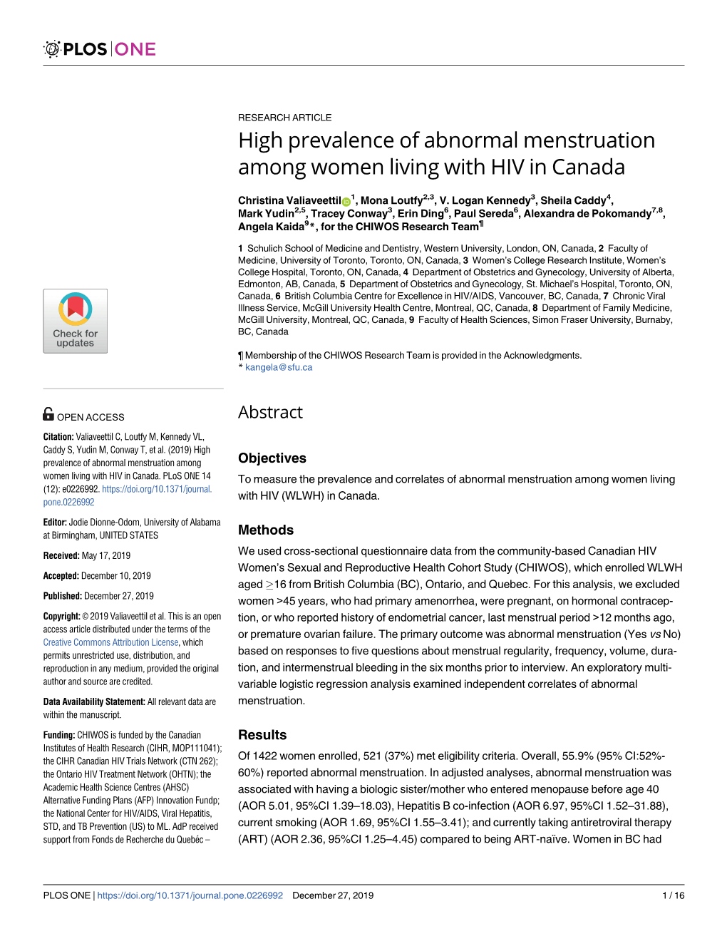 High Prevalence of Abnormal Menstruation Among Women Living with HIV in Canada