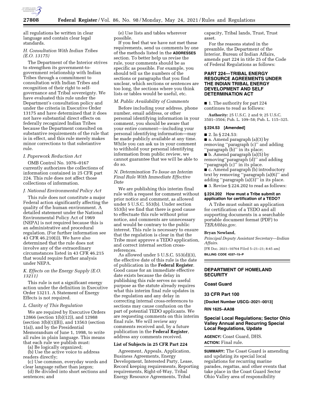 Federal Register/Vol. 86, No. 98/Monday, May 24, 2021/Rules