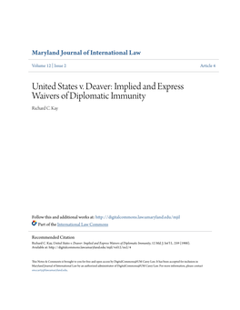 Implied and Express Waivers of Diplomatic Immunity Richard C