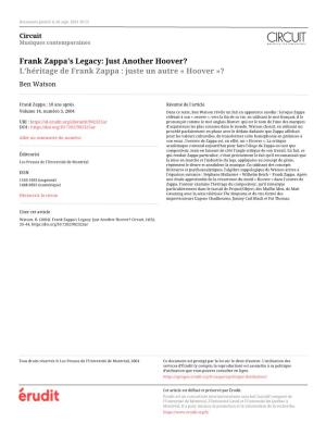 Frank Zappa's Legacy: Just Another Hoover? L’Héritage De Frank Zappa : Juste Un Autre « Hoover »? Ben Watson