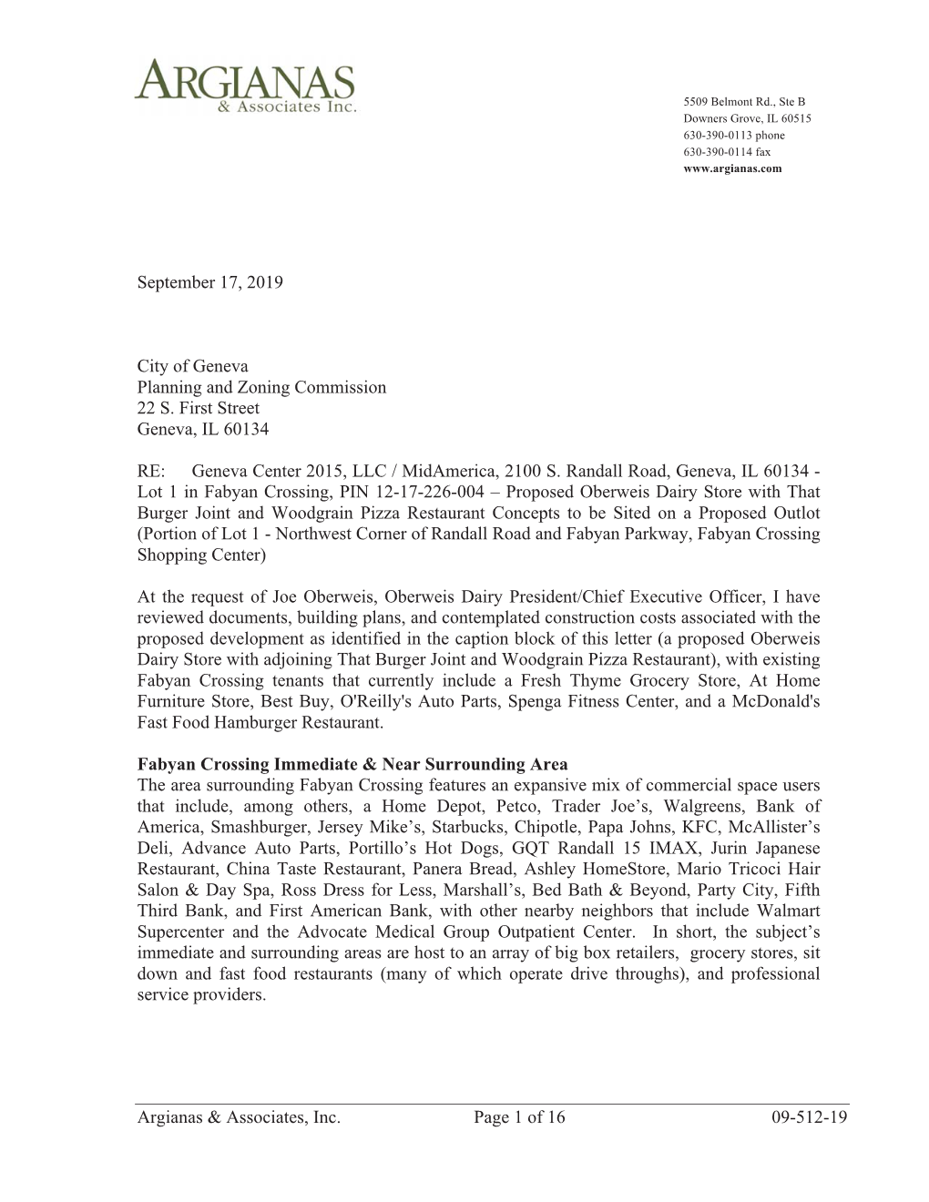 Argianas & Associates, Inc. Page 1 of 16 09-512-19 September 17, 2019