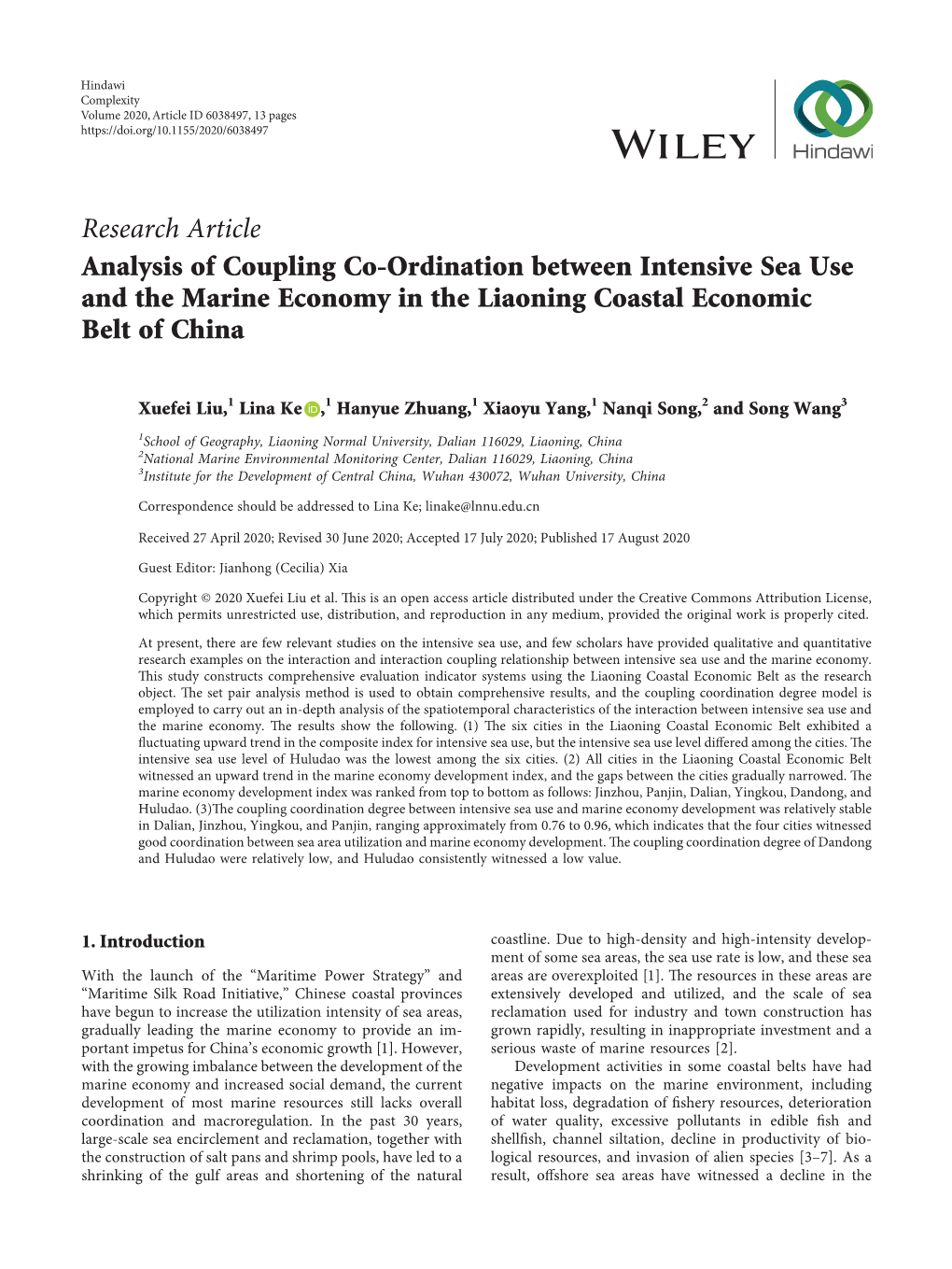 Analysis of Coupling Co-Ordination Between Intensive Sea Use and the Marine Economy in the Liaoning Coastal Economic Belt of China