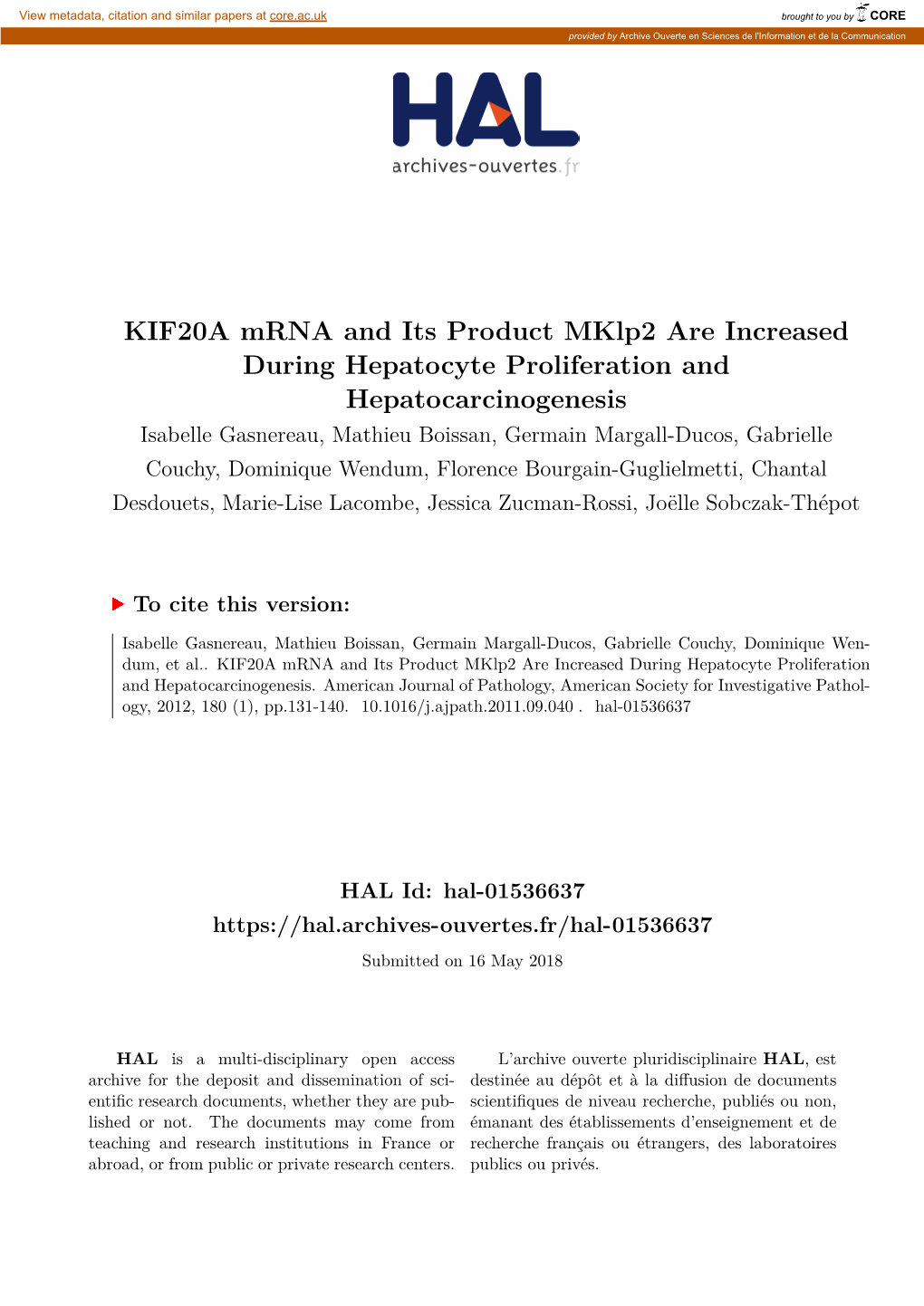 KIF20A Mrna and Its Product Mklp2 Are Increased During Hepatocyte