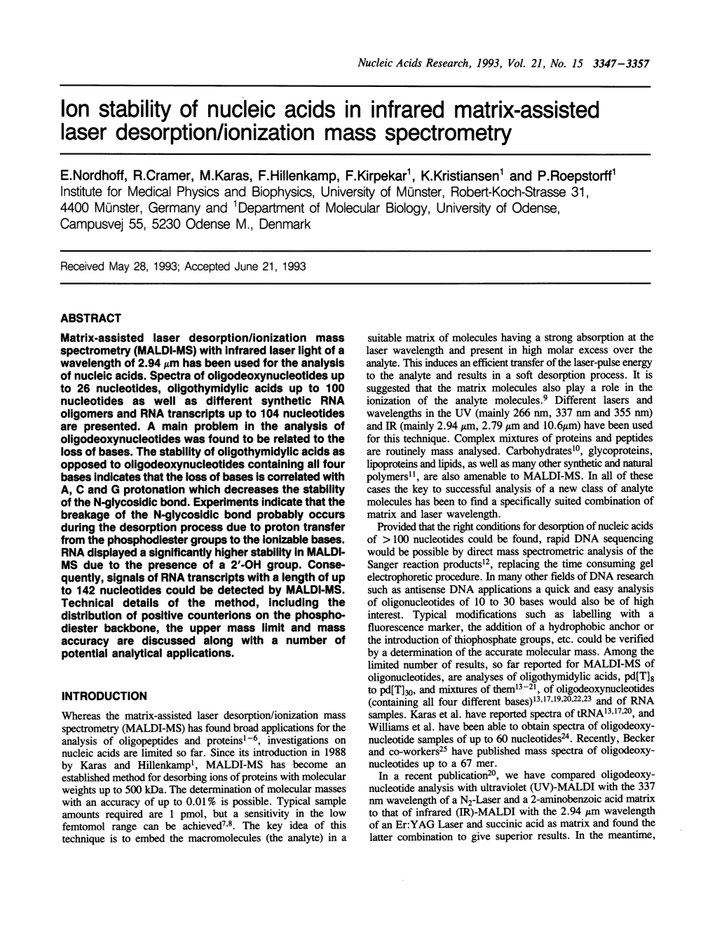 Ion Stability of Nucleic Acids in Infrared Matrix-Assisted Laser Desorption/Ionization Mass Spectrometry