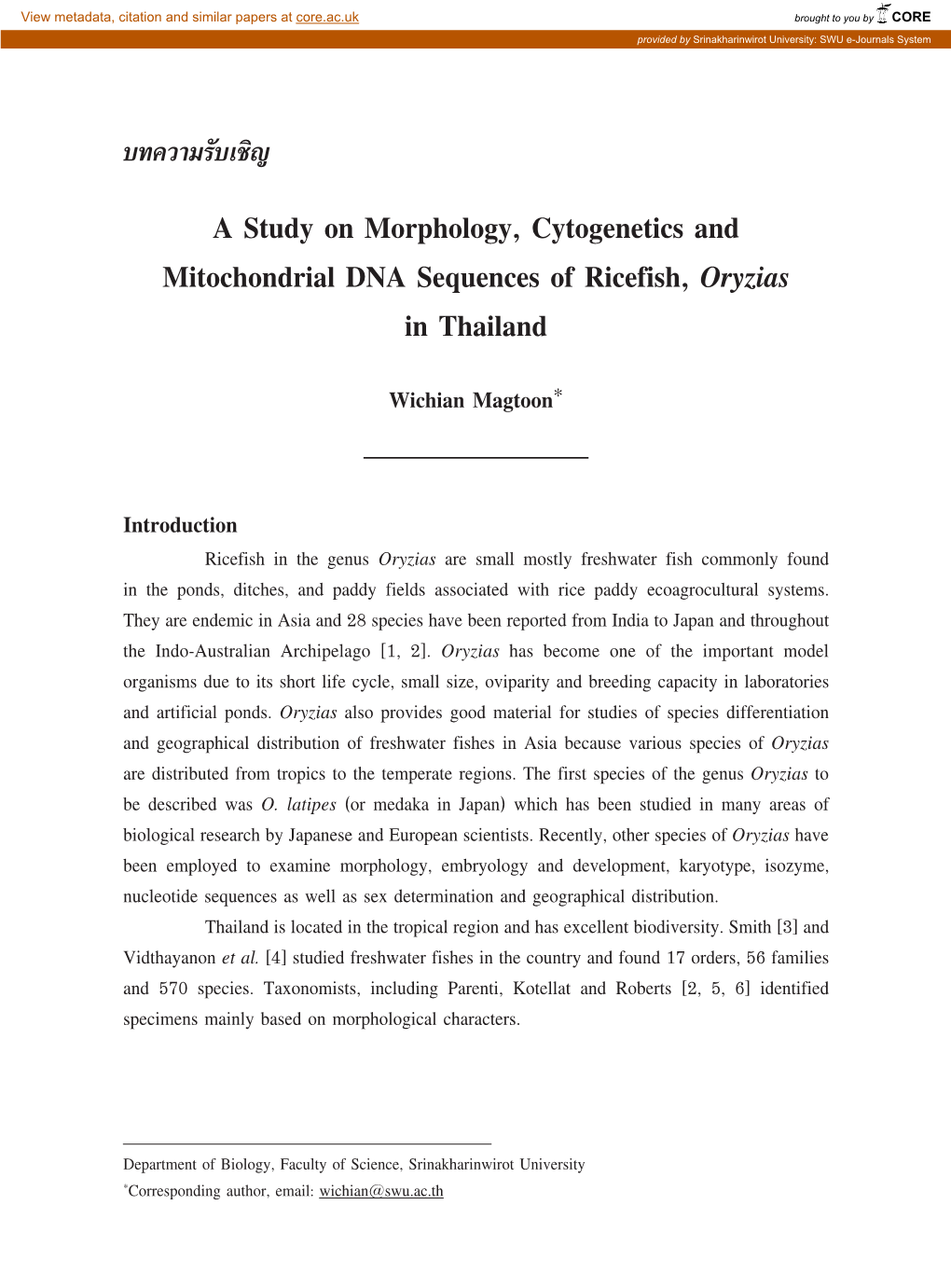 Oryzias Minutillus Populations Within the Various Regions of Thailand Were Observed