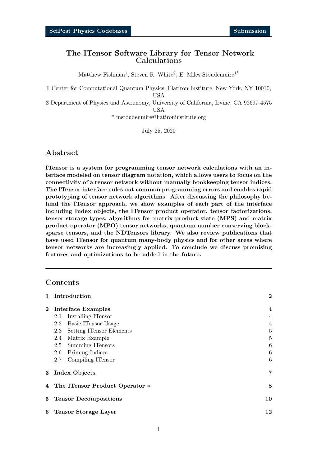 The Itensor Software Library for Tensor Network Calculations