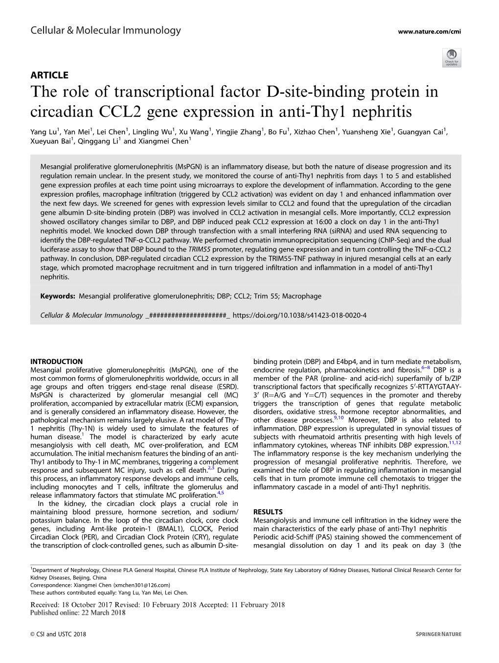 The Role of Transcriptional Factor D-Site-Binding Protein in Circadian CCL2 Gene Expression in Anti-Thy1 Nephritis