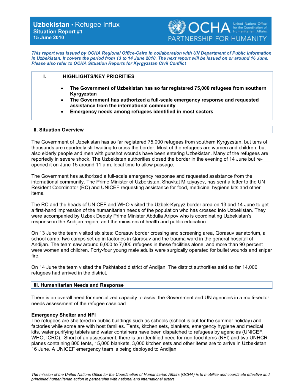 Uzbekistan • Refugee Influx Situation Report #1 15 June 2010