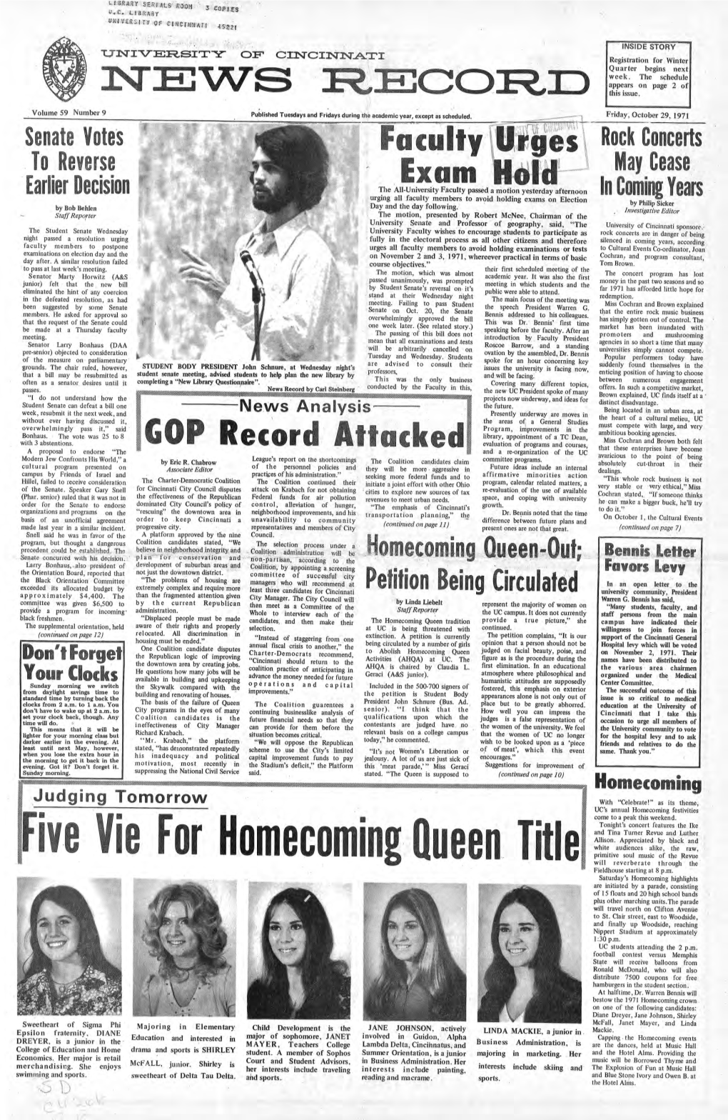 University of Cincinnati News Record. Friday, October 29, 1971. Vol. 59