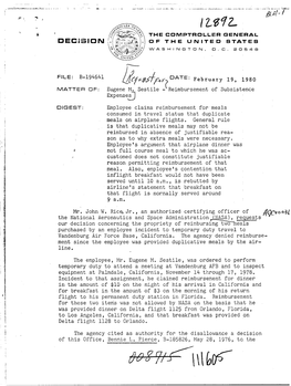 B-194641 Request for Reimbursement of Subsistence