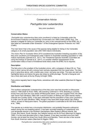 Conservation Advice Pachyptila Tutur Subantarctica