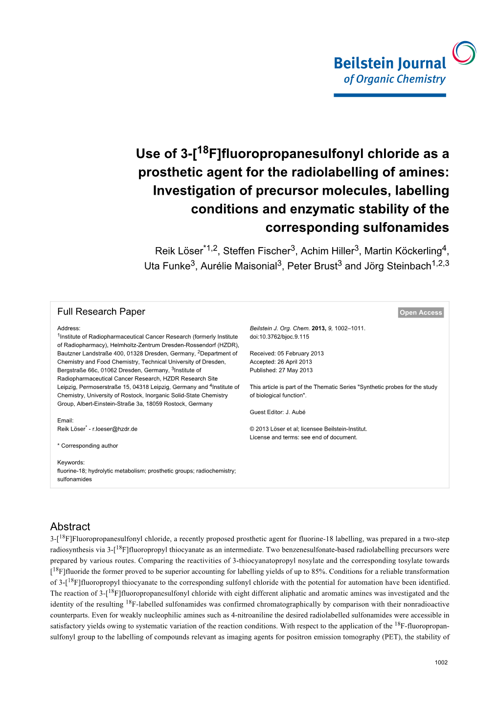 Fluoropropanesulfonyl Chloride As a Prosthetic Agent for The