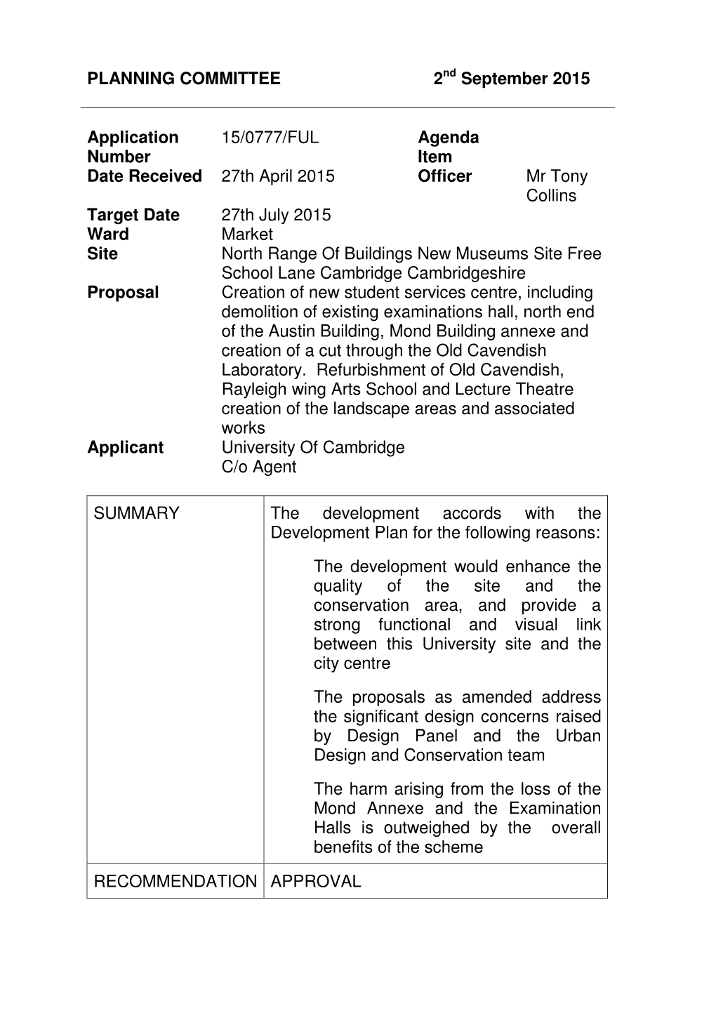 PLANNING COMMITTEE 2 September 2015 Application Number 15/0777