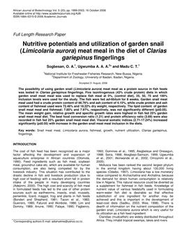 Nutritive Potentials and Utilization of Garden Snail (Limicolaria Aurora) Meat Meal in the Diet of Clarias Gariepinus Fingerlings