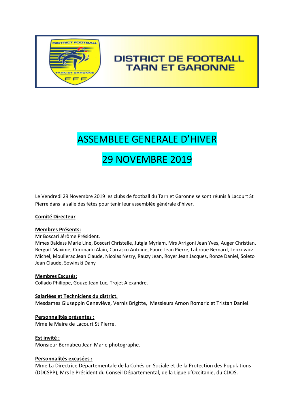 Assemblee Generale D'hiver 29 Novembre 2019