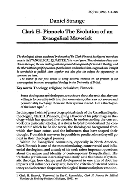 Daniel Strange Clark H. Pinnock: the Evolution of an Evangelical Maverick